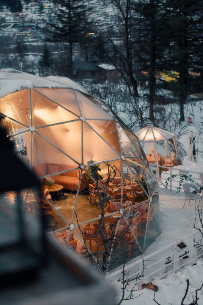 Glamping Geodesic Dome in Winter Snow
